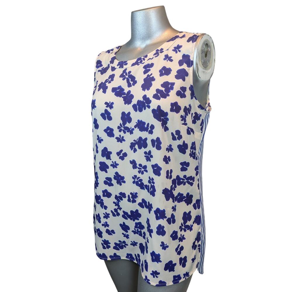 CAbi Sleeveless Hi Low Tunic Blouse, Blue & White Floral Stripe, sz L/XL